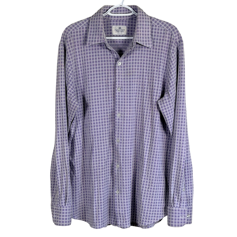 Mizzen+Main Button Down Shirt Mens XL Purple Grid Trim Fit Performance Stretch